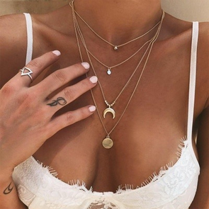 Bohemian style moon gold multi-layered pendant necklace set