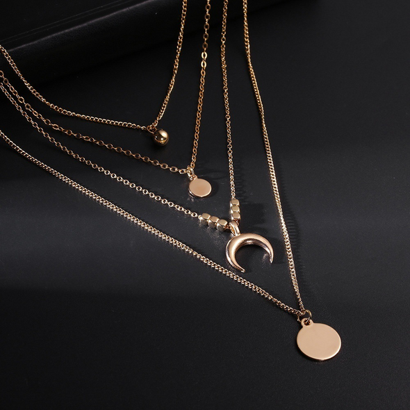 Bohemian style moon gold multi-layered pendant necklace set