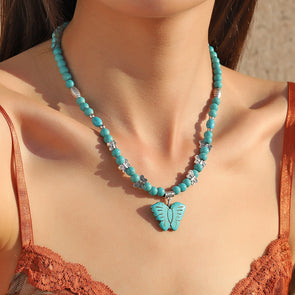 Vintage Turquoise Butterfly Butterfly Pendant Necklace Bohemian Ethnic Style