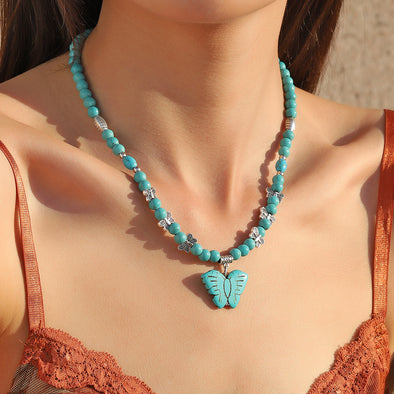 Vintage Turquoise Butterfly Butterfly Pendant Necklace Bohemian Ethnic Style